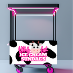Ice cream cart with cow pattern and 'Udderly Lush Ice Cream Sundaes' text on a gray background