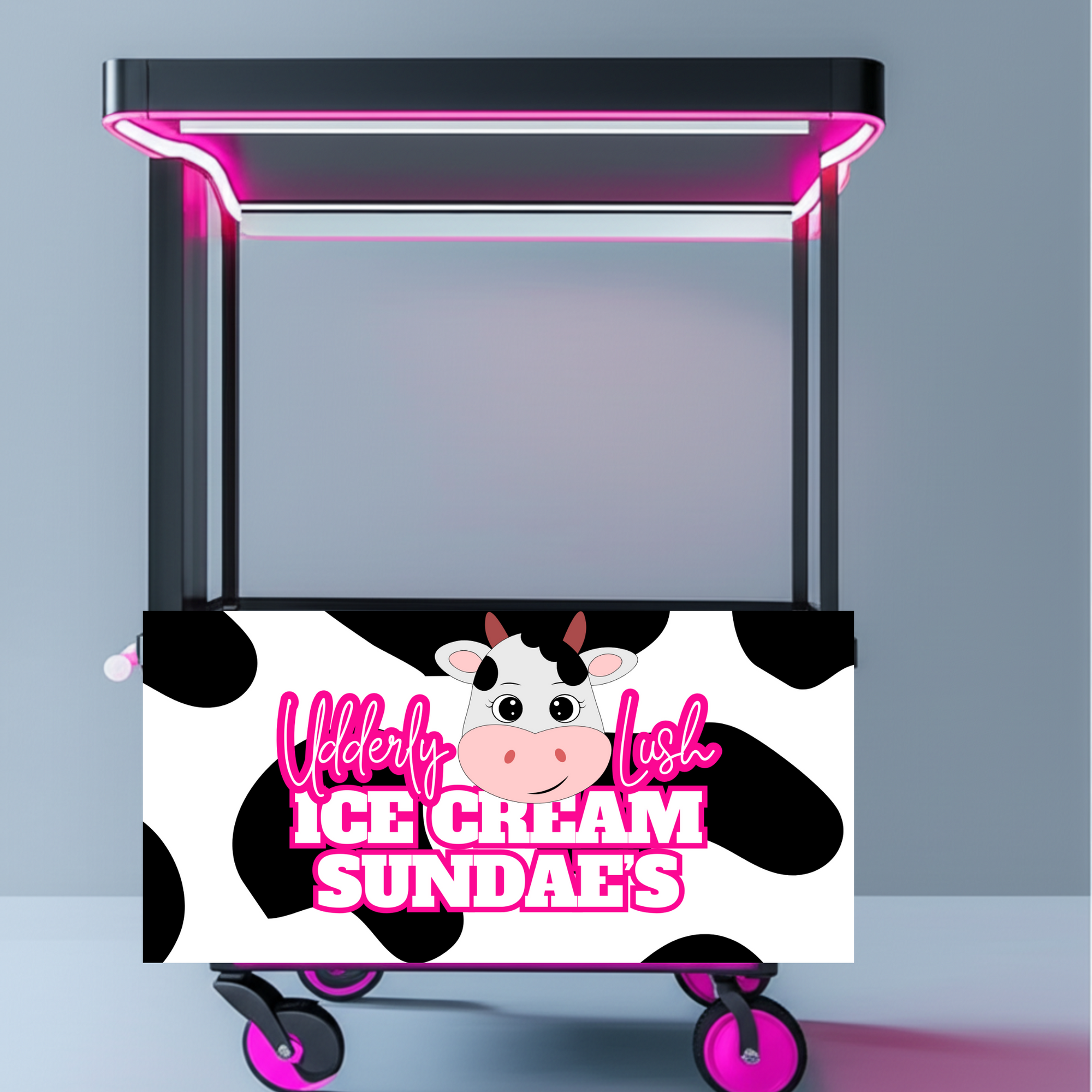 Ice cream cart with cow pattern and 'Udderly Lush Ice Cream Sundaes' text on a gray background