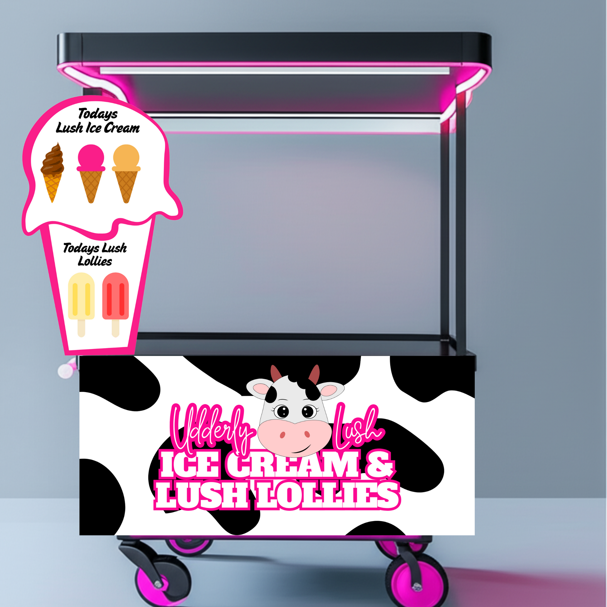 Ice cream cart with cow design and 'Udderly Lush Ice Cream & Lush Lollies' branding.